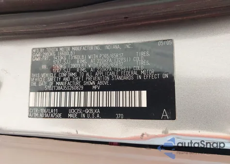 2005 Toyota Sequoia Limited V8 from USA, damaged, VIN 5TDZT38A35S260829